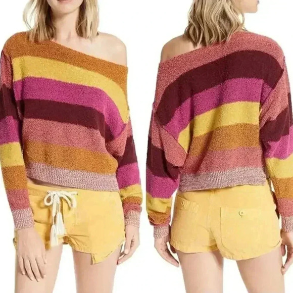 Free People Candyland Pullover Striped Sweater Pink Yellow Gold - Size XS - Picture 1 of 5